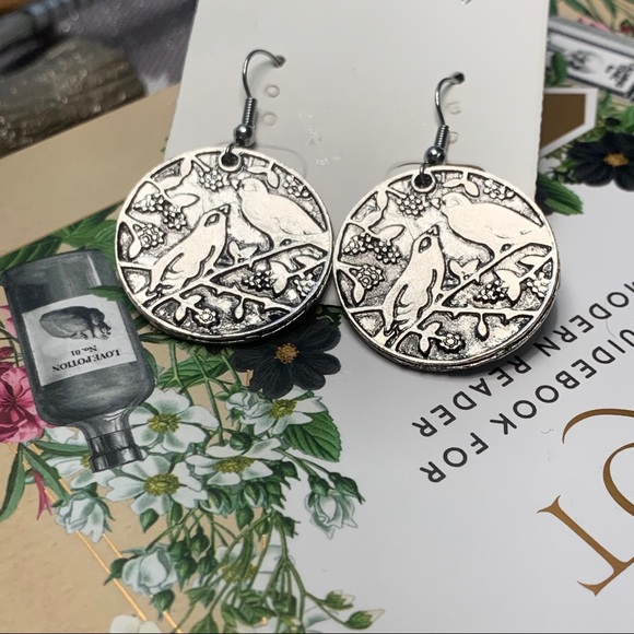 Antiqued Silver Birds Tree Branch Coin Earrings - Picture 2 of 8